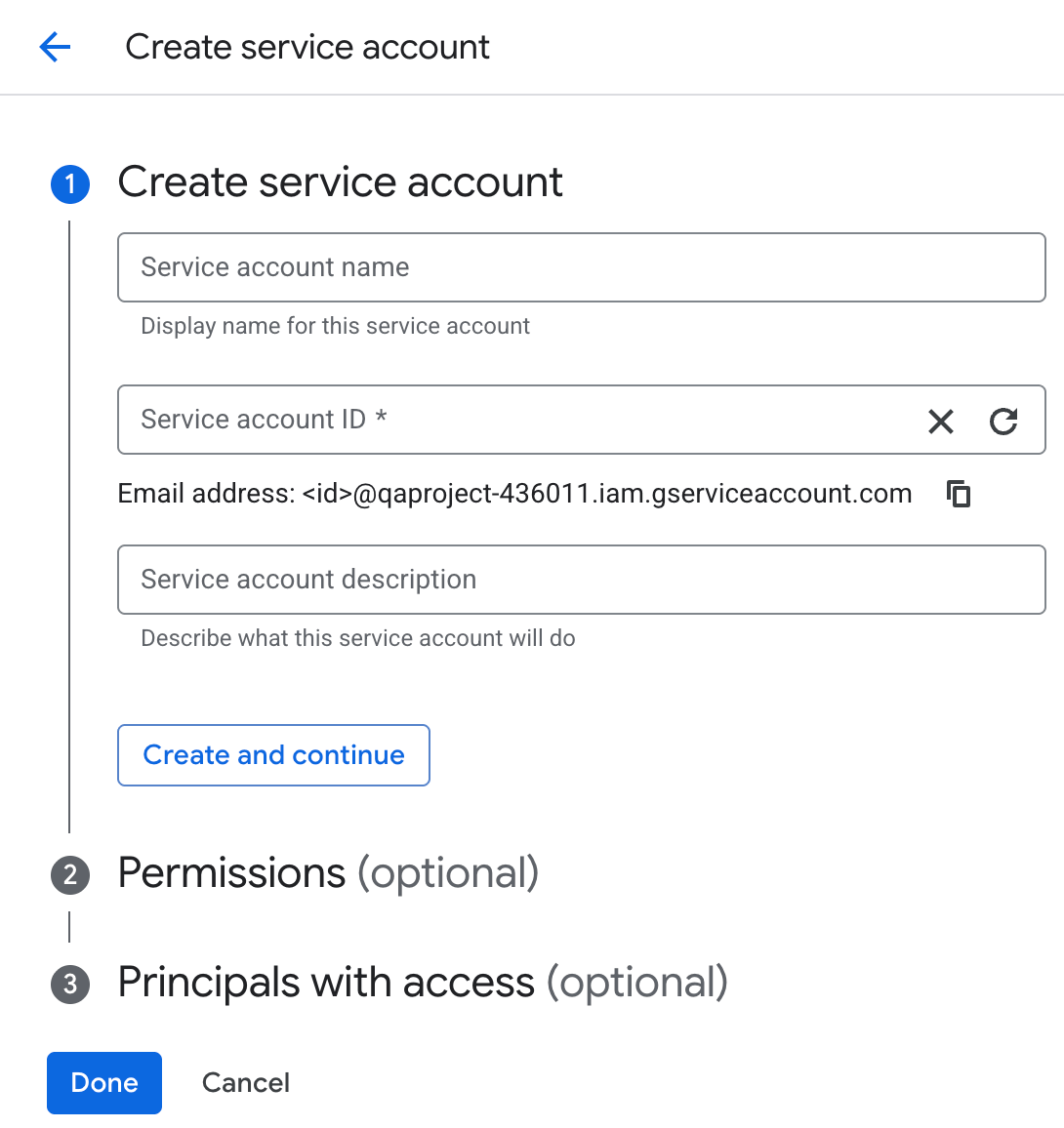 Select Create Service Account. Provide a name such as oleria-connector and click Create and Continue