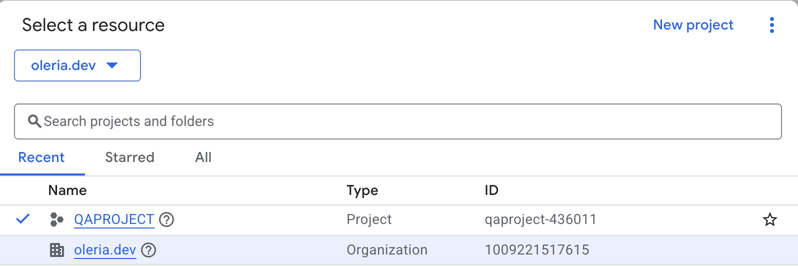 Google Cloud Console project selector with Organization highlighted in resource picker
