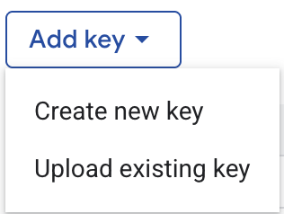 Service account Keys tab with Add Key > Create new key option