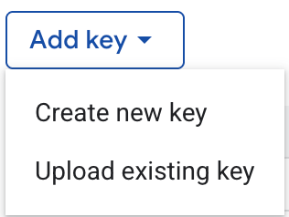 Service account Keys tab with Add Key > Create new key option