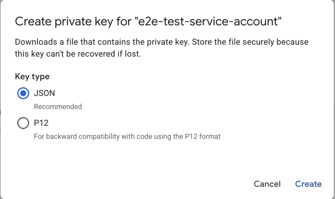 Service account key creation dialog with JSON format selected