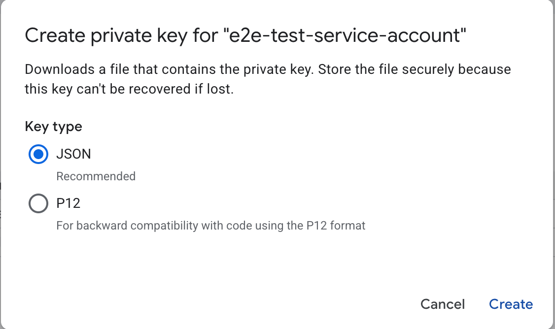 Service account key creation dialog with JSON format selected