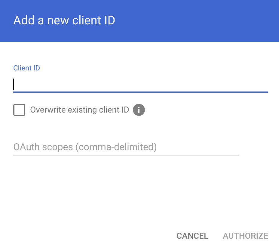 Domain-wide delegation dialog with Client ID and OAuth scopes fields completed