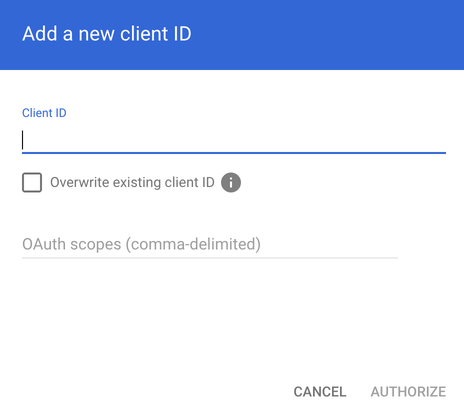 Domain-wide delegation dialog with Client ID and OAuth scopes fields completed