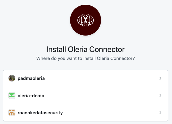 Select the GitHub organization to install the Oleria Github application