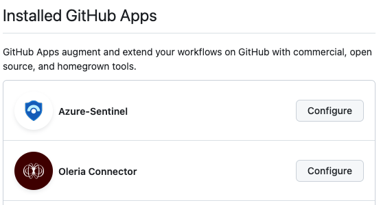 You will find Oleria Connector under the Installed GitHub Apps section