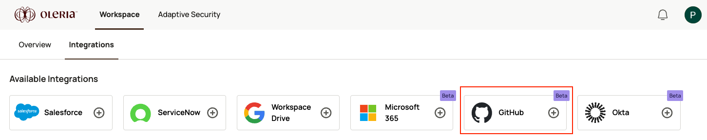 Goto your Oleria workspace, select Integrations, select GitHub