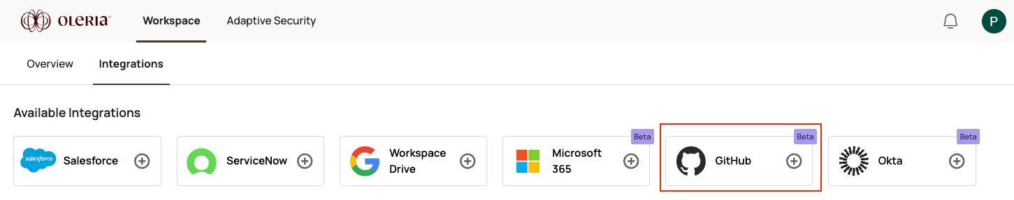 Goto your Oleria workspace, select Integrations, select GitHub