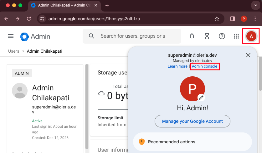Use Super Admin account to login to your Google Workspace and select Admin console