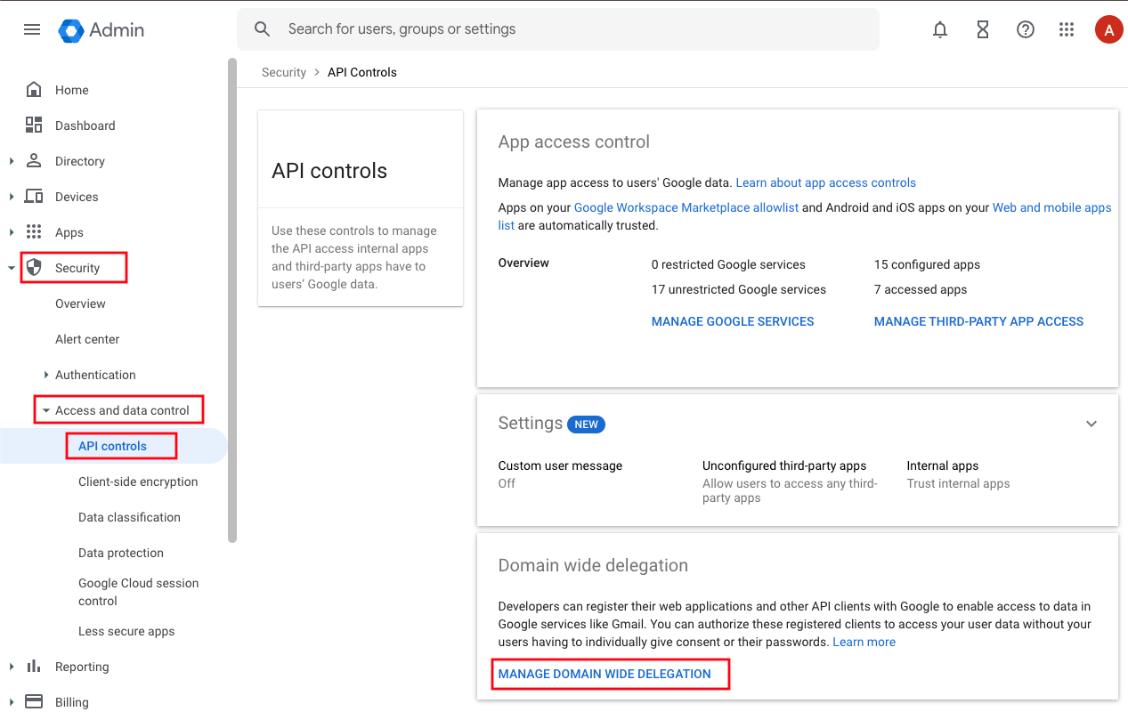 Menu, Security, Access and data control, API controls, Manage Domain Wide Delegation