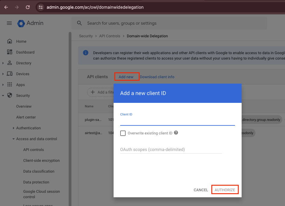 Google Workspace domain-wide delegation dialog with Client ID and OAuth scopes entered