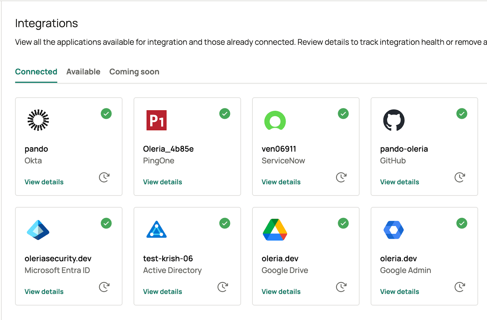 Oleria workspace Connected Integrations showing newly added Google Admin and Drive instances