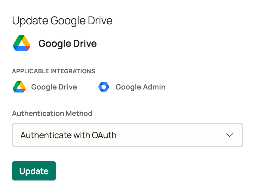 Click on Update and use a service account with super admin privileges to complete the re-integration