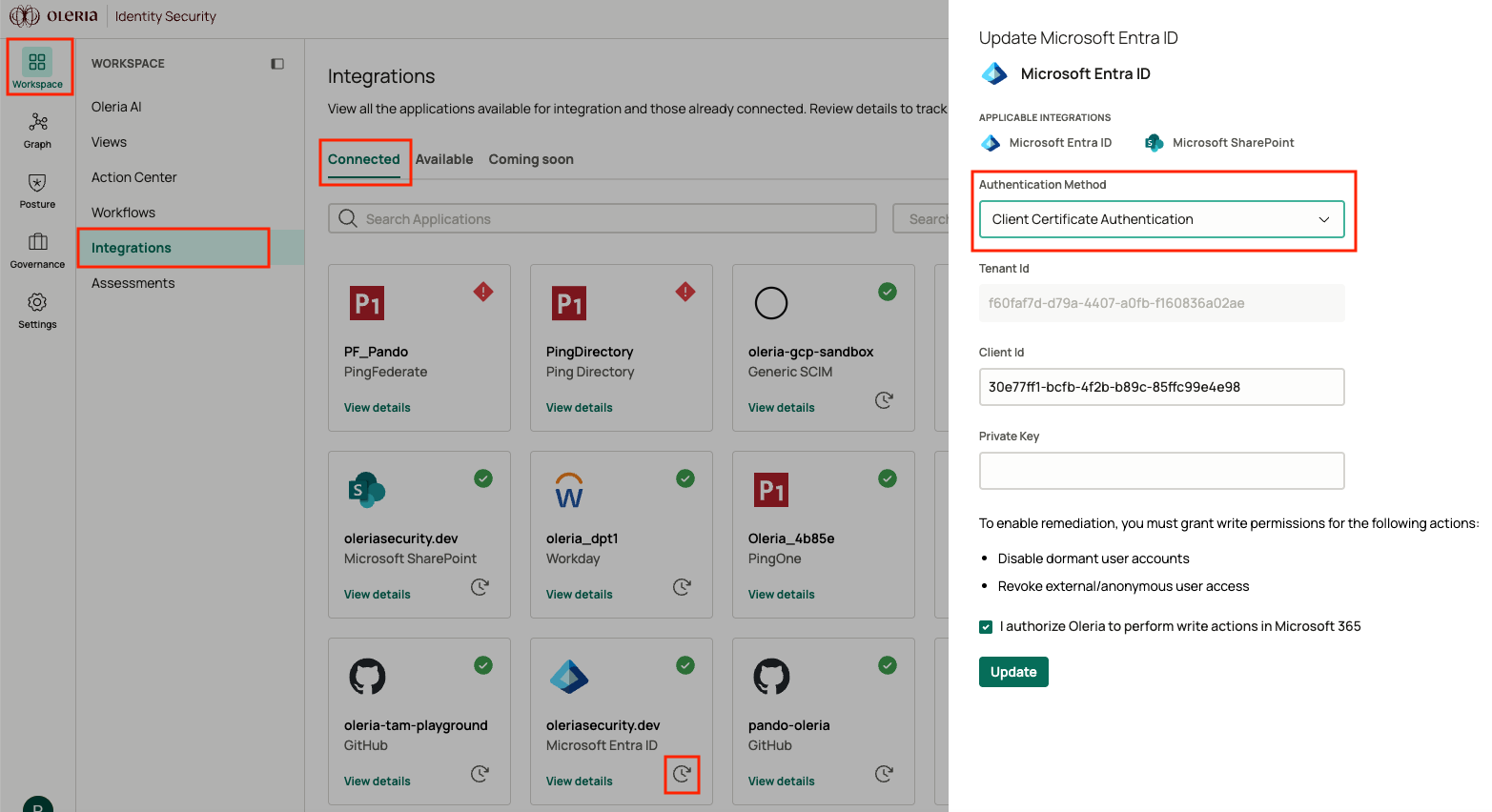 Oleria Workspace Integrations Connected view with the Update Microsoft Entra ID side panel showing Client Certificate Authentication selected and Tenant Id, Client Id, and Private Key fields