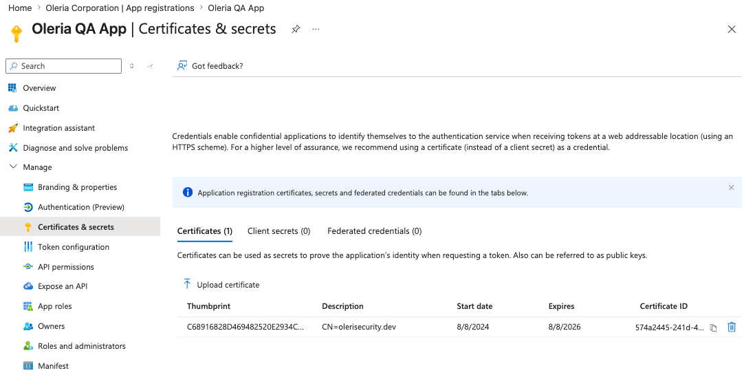 Entra ID app registration Certificates and secrets page with Upload certificate button and an uploaded certificate listed