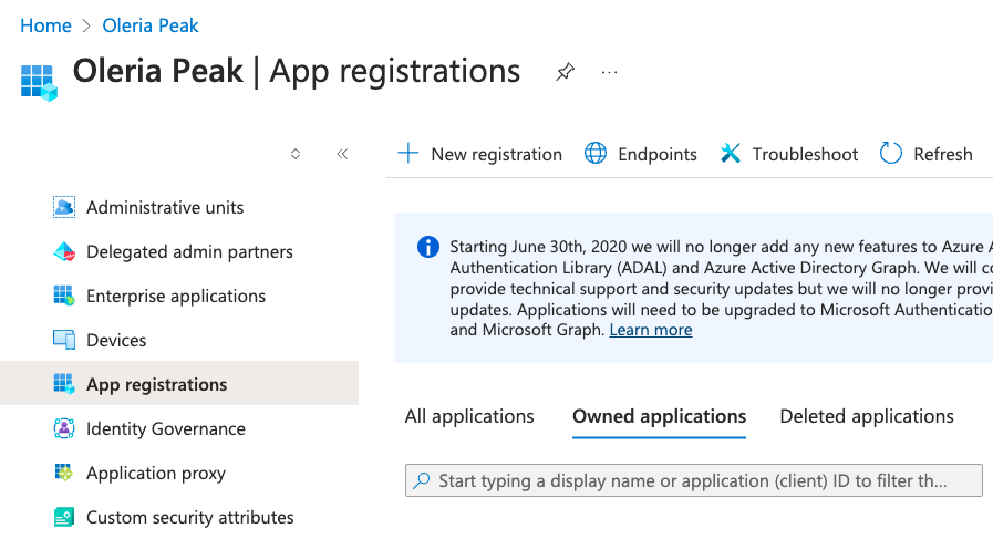 Log in to Microsoft Entra ID, navigate to the App registrations, and select New registration.