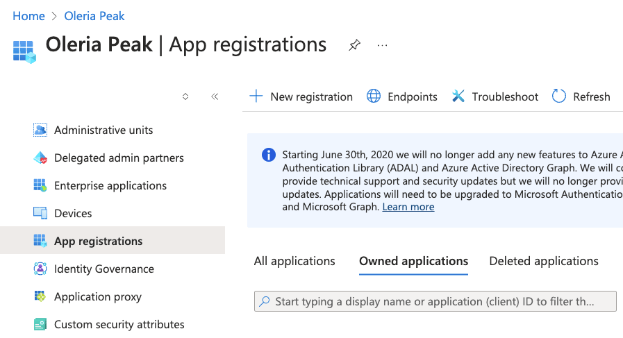 Log in to Microsoft Entra ID, navigate to the App registrations, and select New registration.