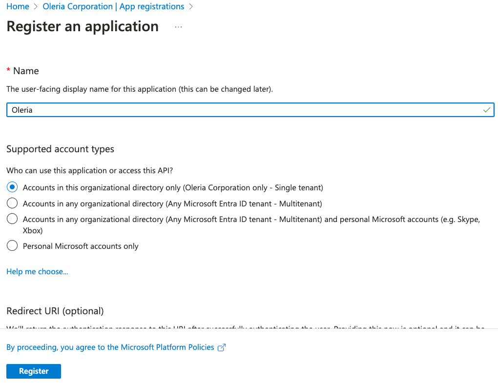 Entra ID App Registration with single tenant option selected