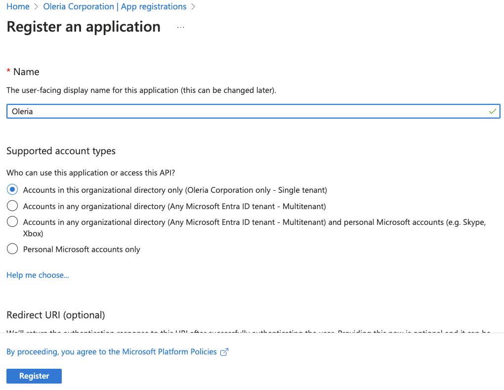 Entra ID App Registration with single tenant option selected