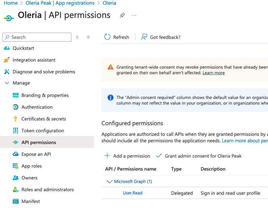 Step 3: Open the application and select Manage → API permissions. Select Add permission