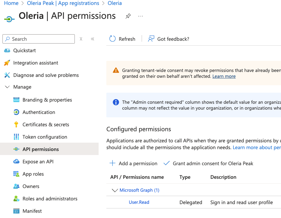 Step 3: Open the application and select Manage → API permissions. Select Add permission