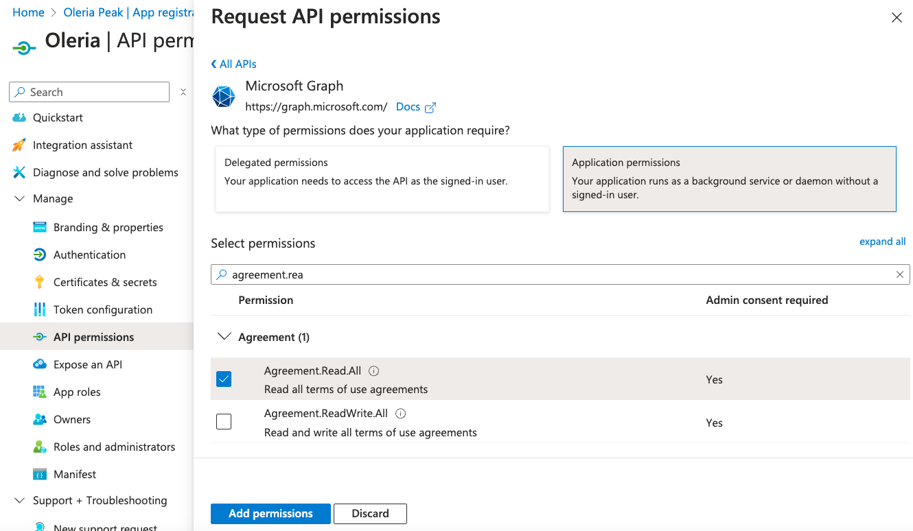 Step 4: Select Microsoft Graph and select Application permissions. Add permissions
