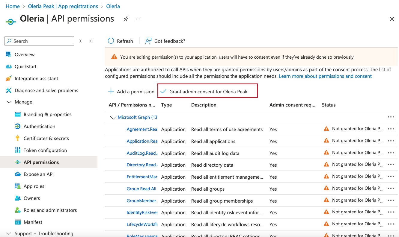 Microsoft Entra ID API permissions page with Grant admin consent button highlighted