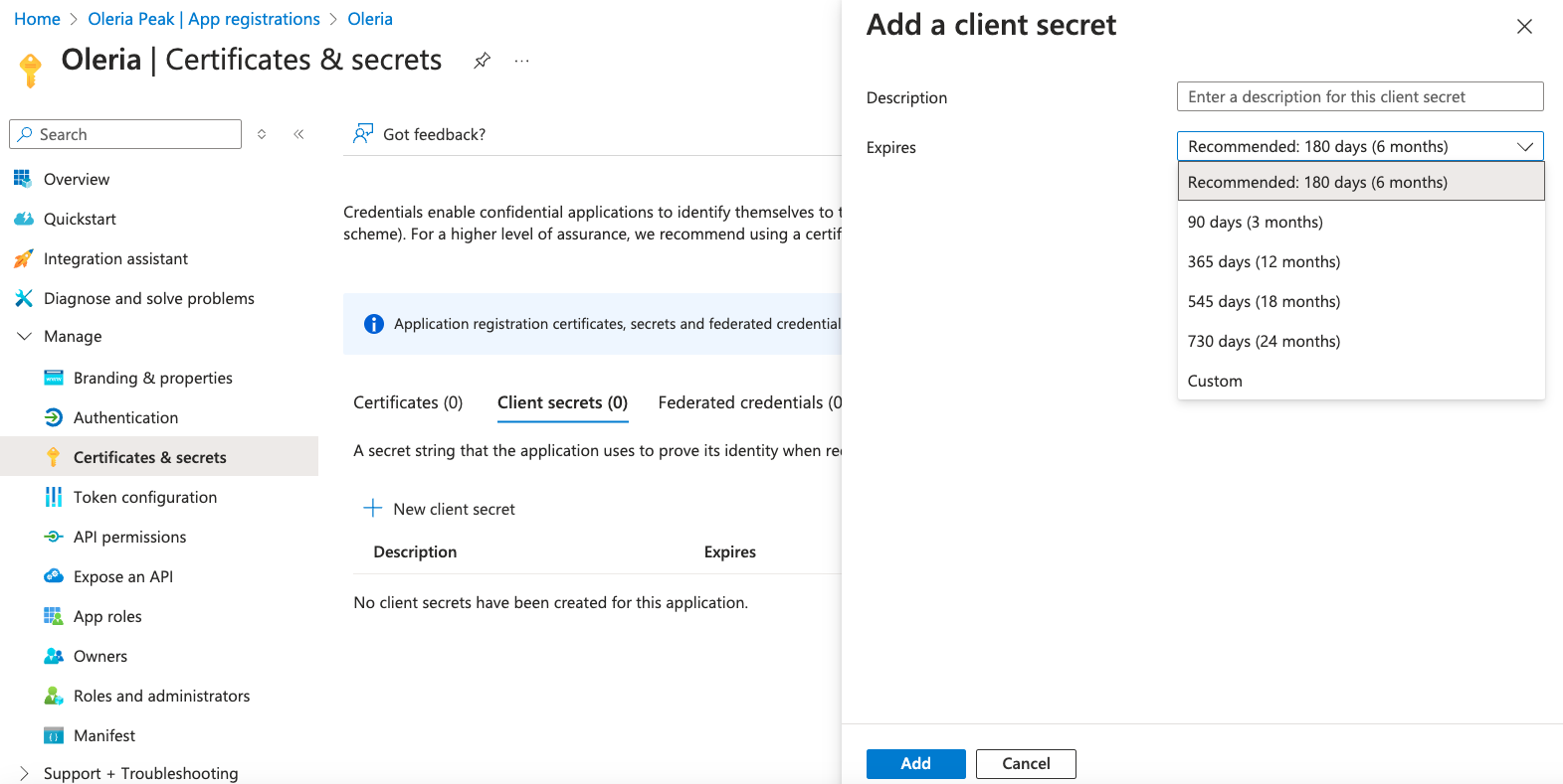Step 7: Navigate to Certificates & Secrets, and create a client secret as shown below