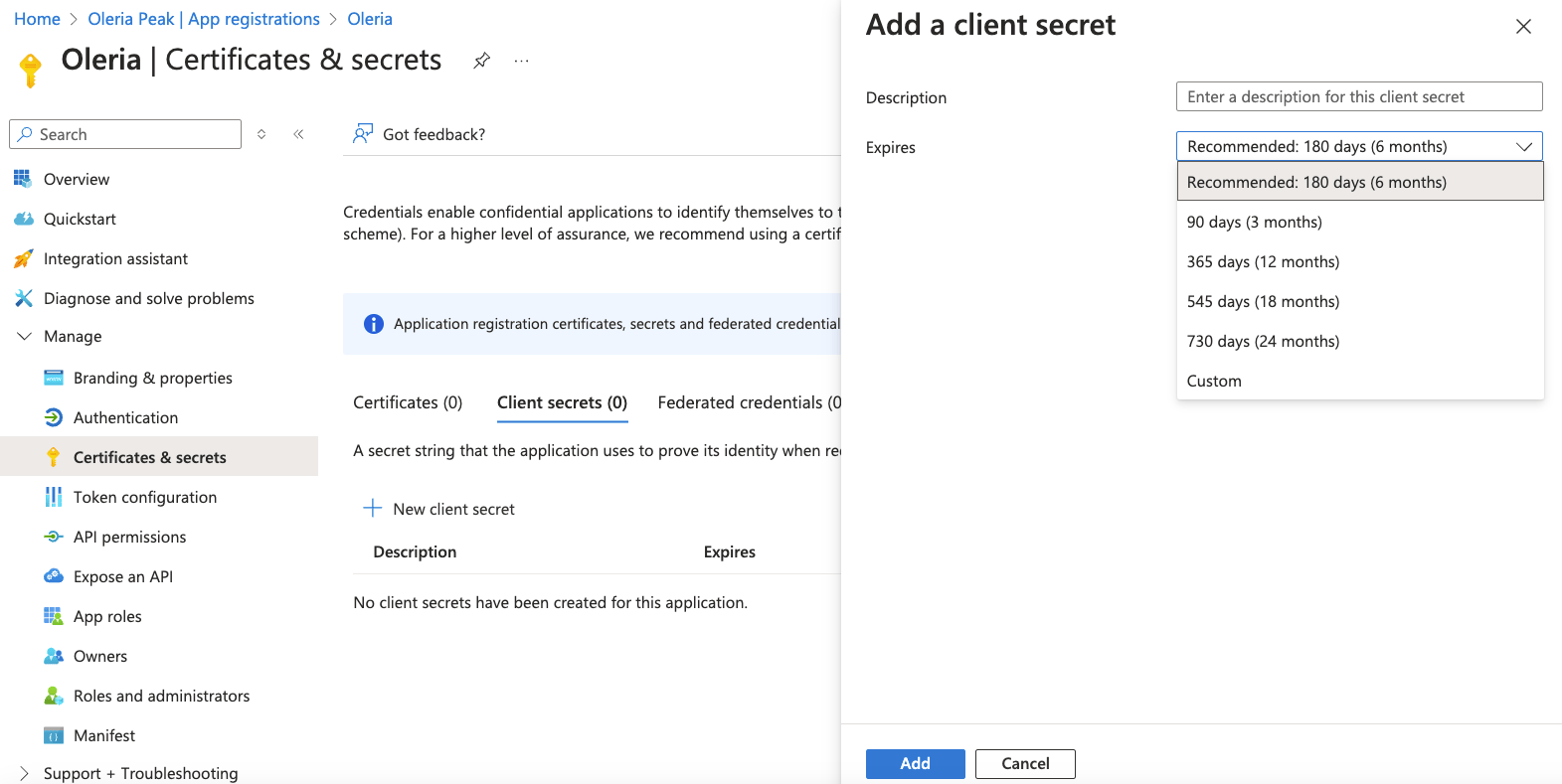 Step 7: Navigate to Certificates & Secrets, and create a client secret as shown below