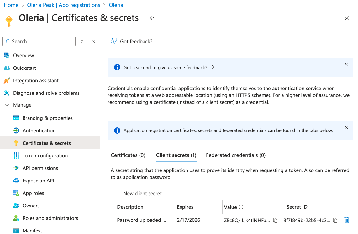 Step 8: The generated client secret will be shown as follows. Copy the Client Secret Value.