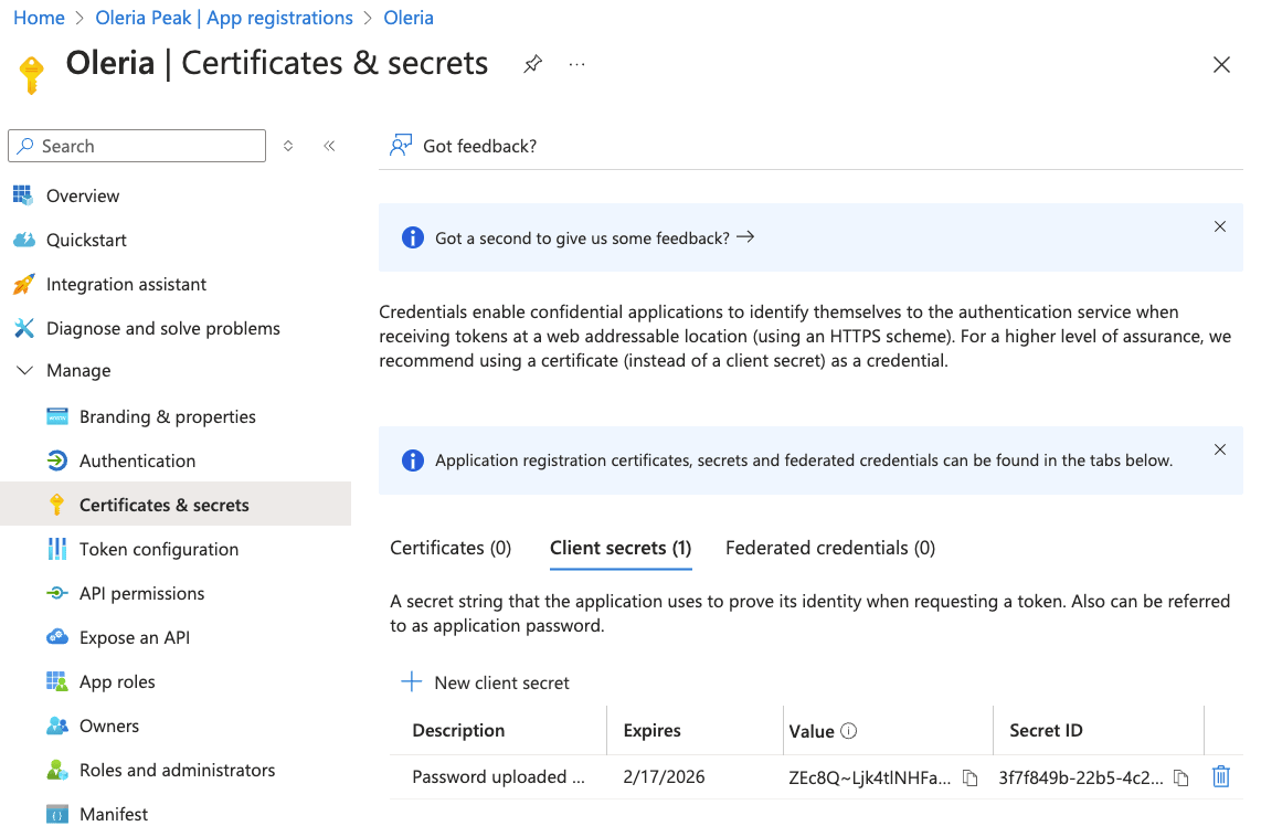 Step 8: The generated client secret will be shown as follows. Copy the Client Secret Value.
