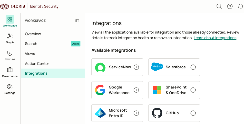 Oleria workspace Integrations page with Microsoft SharePoint and OneDrive selected