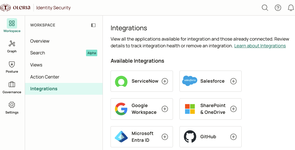 Oleria workspace Integrations page with Microsoft SharePoint and OneDrive selected