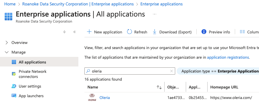 You will find the Oleria application in the Enterprise applications.