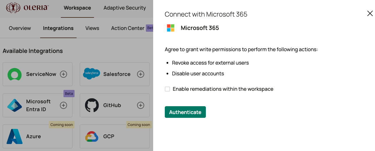 Oleria integration screen with optional write permissions checkbox for remediations