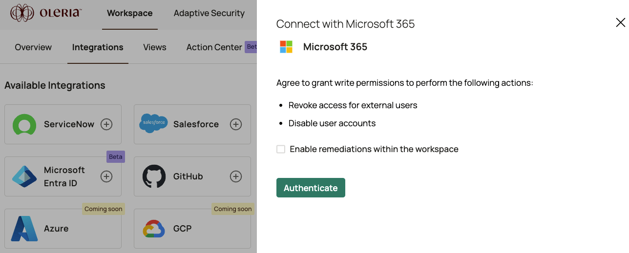 Oleria integration screen with optional write permissions checkbox for remediations