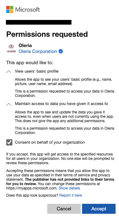 Microsoft consent form for Oleria application read permissions