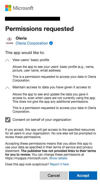 Microsoft consent form for Oleria application read permissions