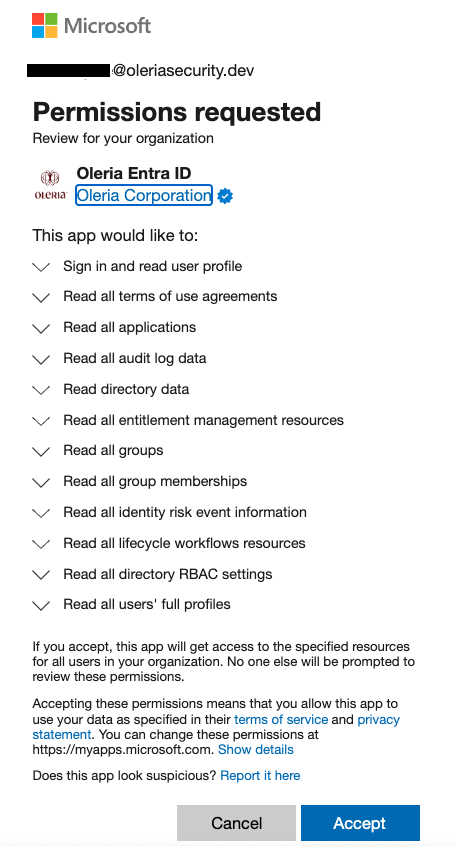 Microsoft consent form showing standard read-only permissions for Entra ID integration