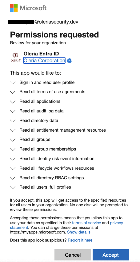 Microsoft consent form showing standard read-only permissions for Entra ID integration