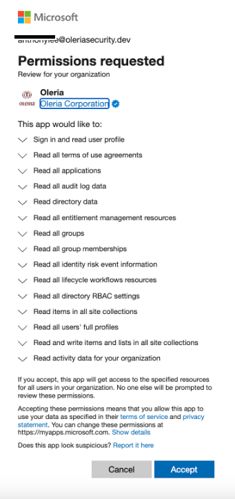 Microsoft consent form showing standard read-only permissions for SharePoint and OneDrive
