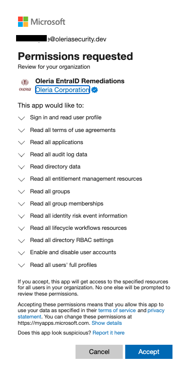 Microsoft consent form showing Entra ID permissions with optional write access for remediations