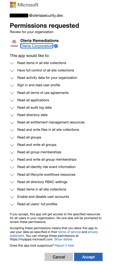 Microsoft consent form showing SharePoint and OneDrive permissions with optional write access