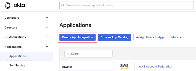 Login to Okta admin console, navigate to Applications, select Create App Integration