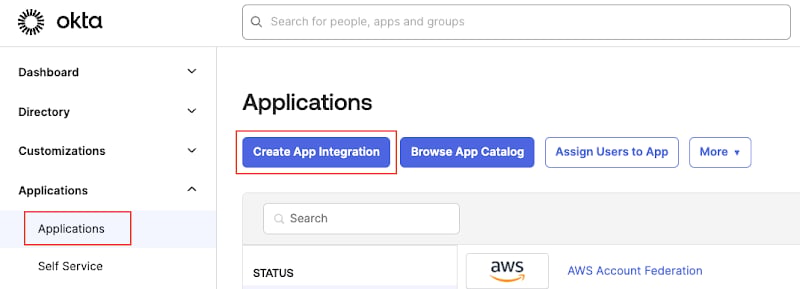 Login to Okta admin console, navigate to Applications, select Create App Integration
