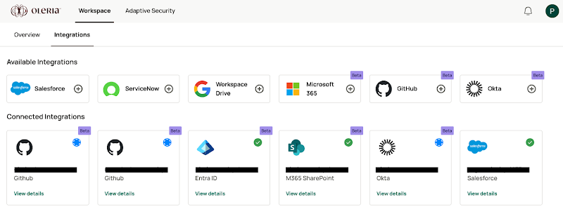Find the newly integrated Okta instance in your Oleria workspace connected integrations.