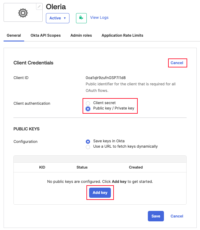 Okta API key configuration showing single active key requirement