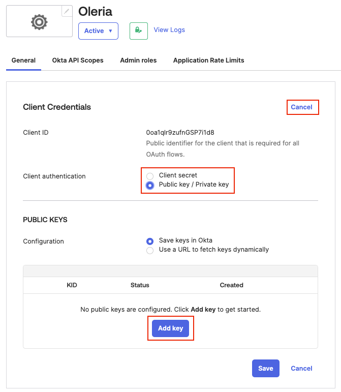Okta API key configuration showing single active key requirement