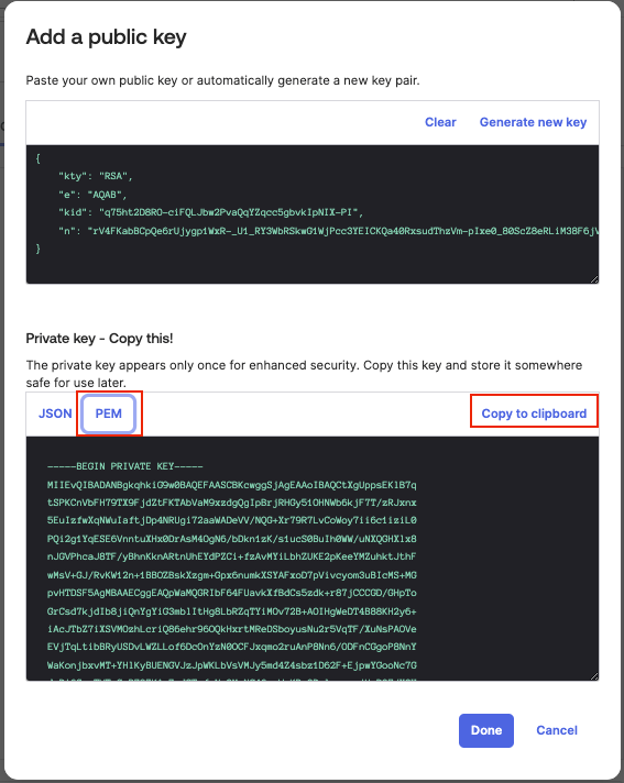 Save the key in PEM format and select Copy to clipboard