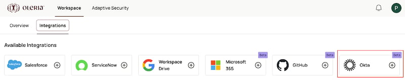 Goto your Oleria workspace, select Integrations, select Okta